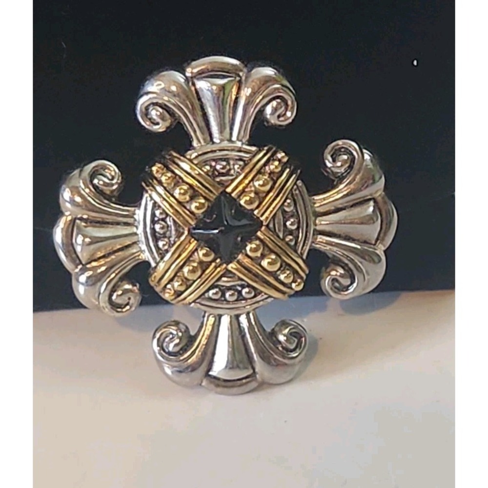 Vintage Premier Designs Crescendo Cross Brooch Pin Two Tone Black Stone 2"x2"